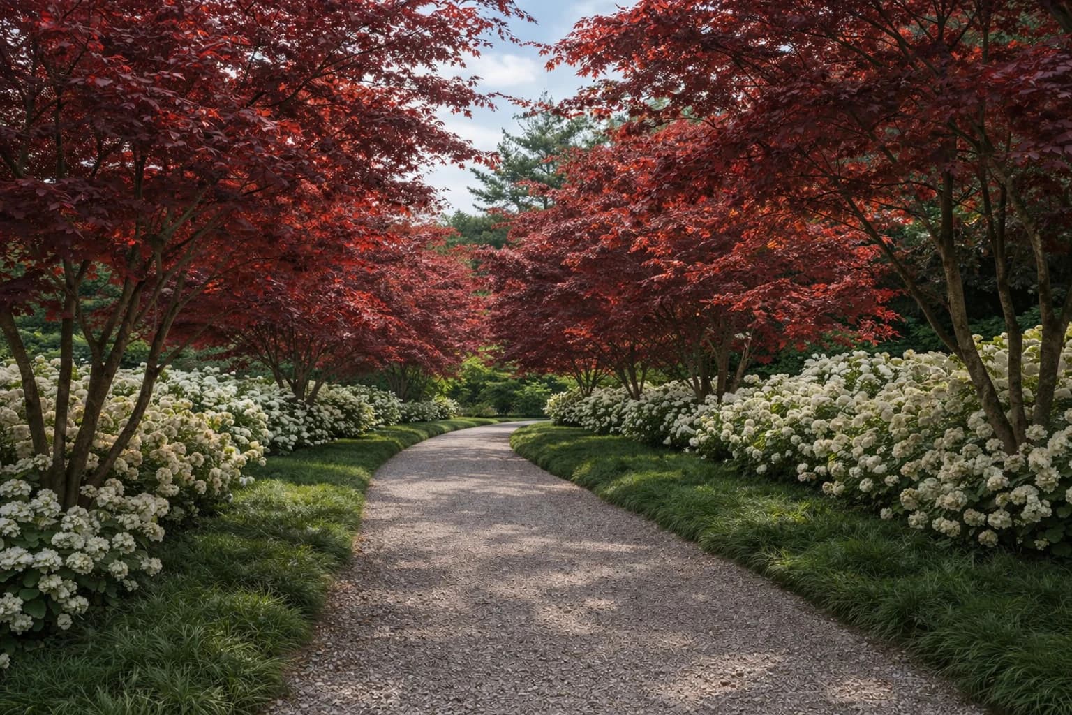 A serene garden pathway lined with brilliant red Japanese maple trees and white flowering shrubs leads through a lush landscape, creating an elegant tunnel of contrasting foliage and blooms beneath a clear sky.