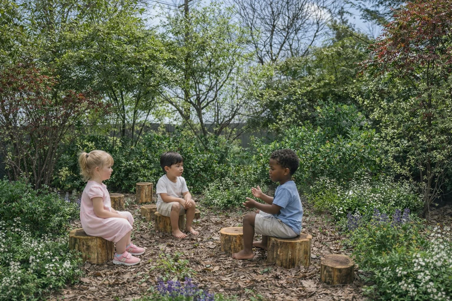 Three young children sit on wooden log stools in a lush, verdant garden setting, engaged in conversation surrounded by dense greenery and flowering plants.